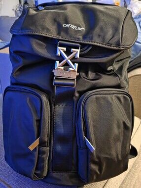Off-White Drawstring Arrow Tuc Nylon Backpack with Dual Front Zipper Pockets NWT